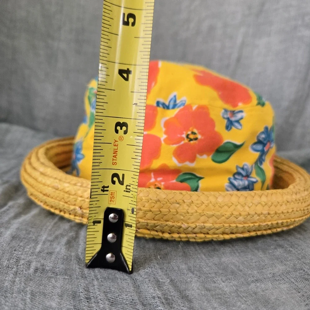 Women's Hat Yellow Rolled Straw Brim w/ Floral 100% Cotton Fabric Crown Size S/M